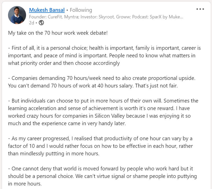 70hour work week debate 70 hour work per week NR Narayana Murthy