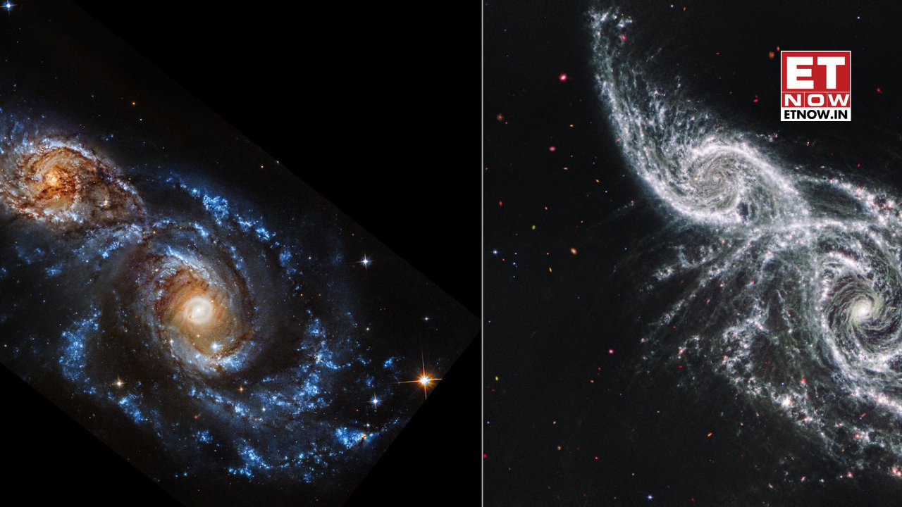 Galaxies IC 2163 and NGC 2207 Hubble and Webb Images Side by Side