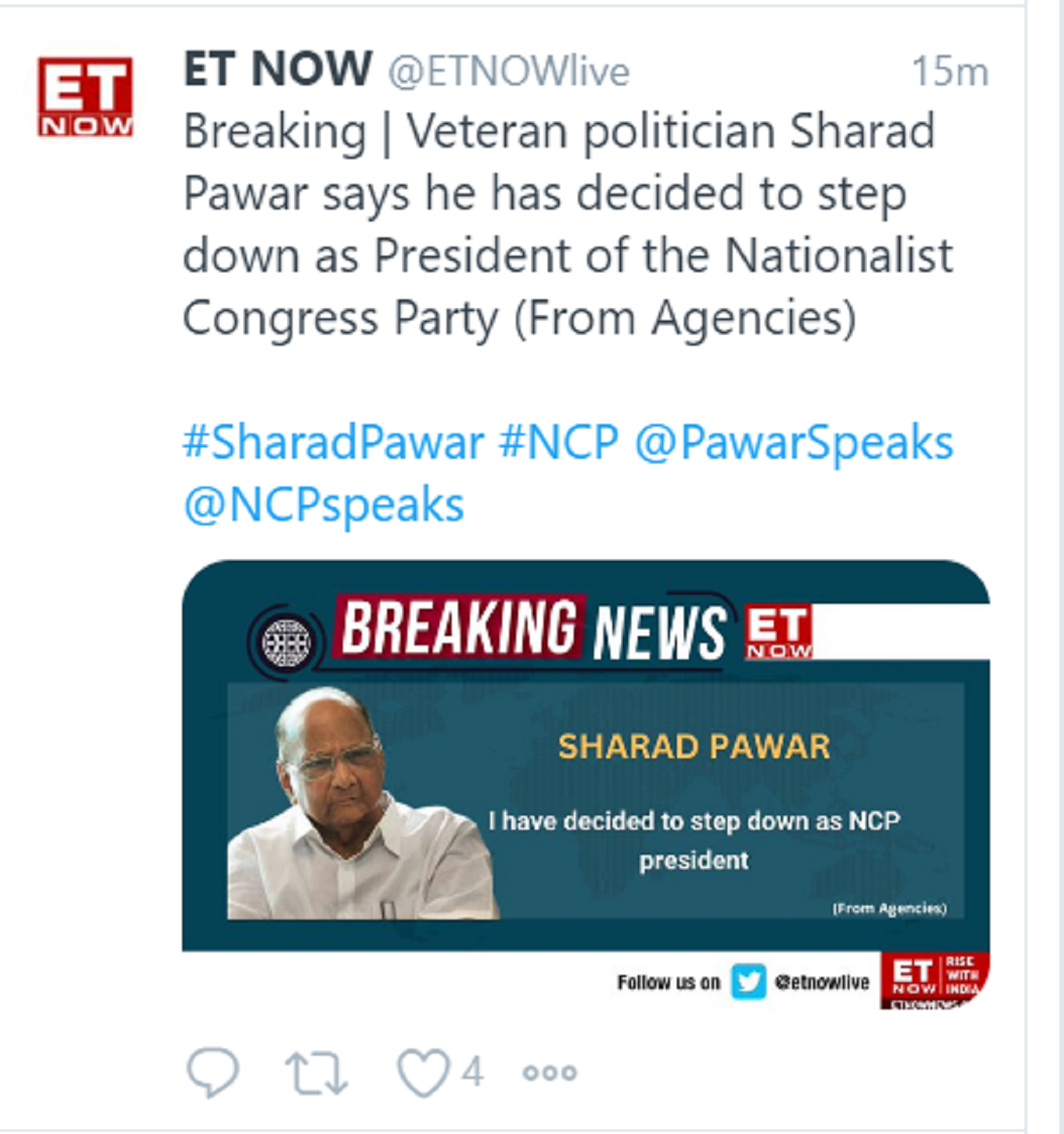 Sharad Pawar Resigns From The Post Of NCP President - - News | ET Now