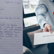 With respect I hereby inform - THIS CFO resigns with handwritten note on school notebook paper